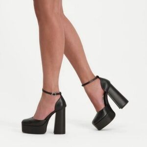 Steve Madden Black Satin Agata Platform Ankle Strap Pump
